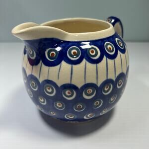 Boleslawiec Polish Pottery Pitcher Jug Blue Peacock 36 Oz Cobalt Blue Dot Swirl